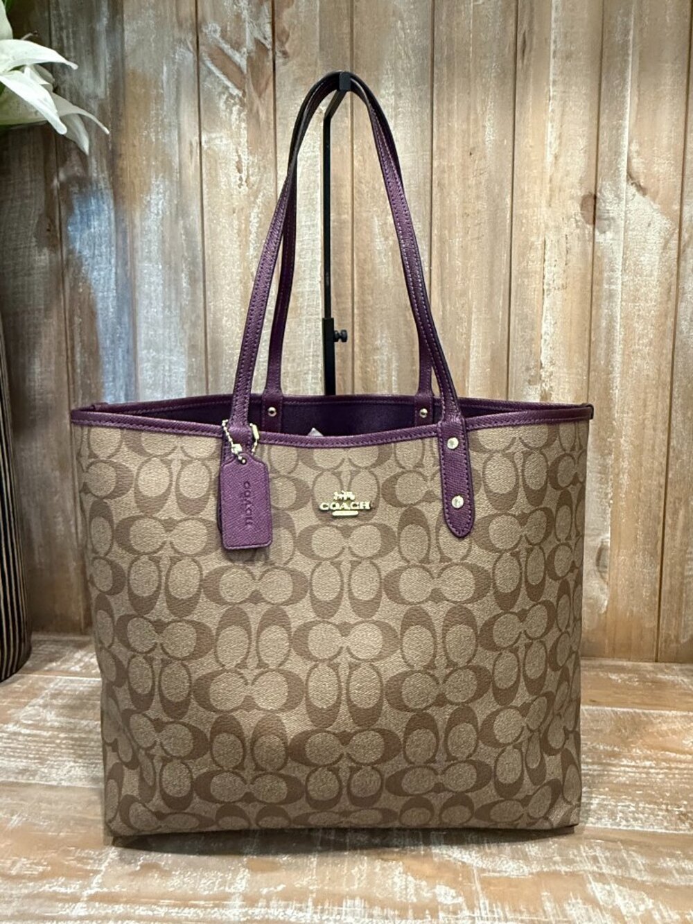 COACH REVERSIBLE CITY TOTE Signature Monogram Khaki Metallic Purple Casual